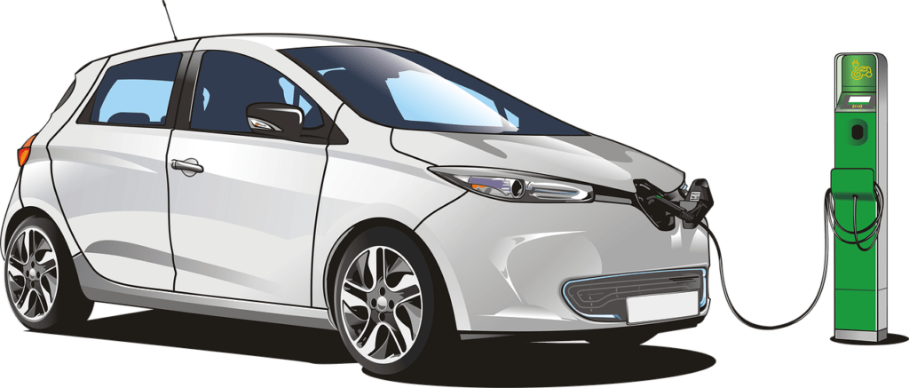 Vista de un coche eléctrico conectado a un poste cargador

