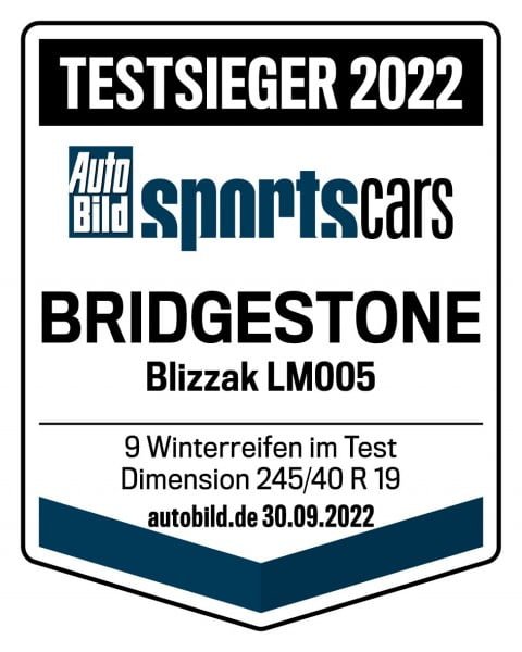 Logo ganador de test de invierno Auto Bild SoprtsCars del neumático Bridgestone Blizzak LM005
