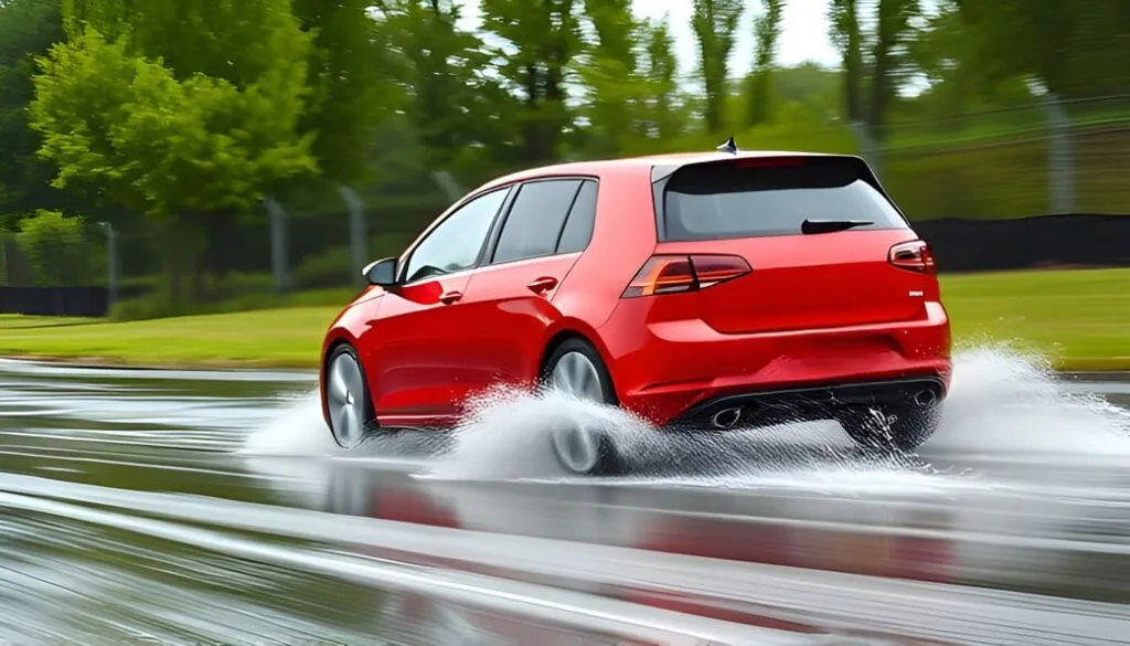 Vista de un coche en situación de aquaplaning o hidroplaneo, un problema de seguridad vial 