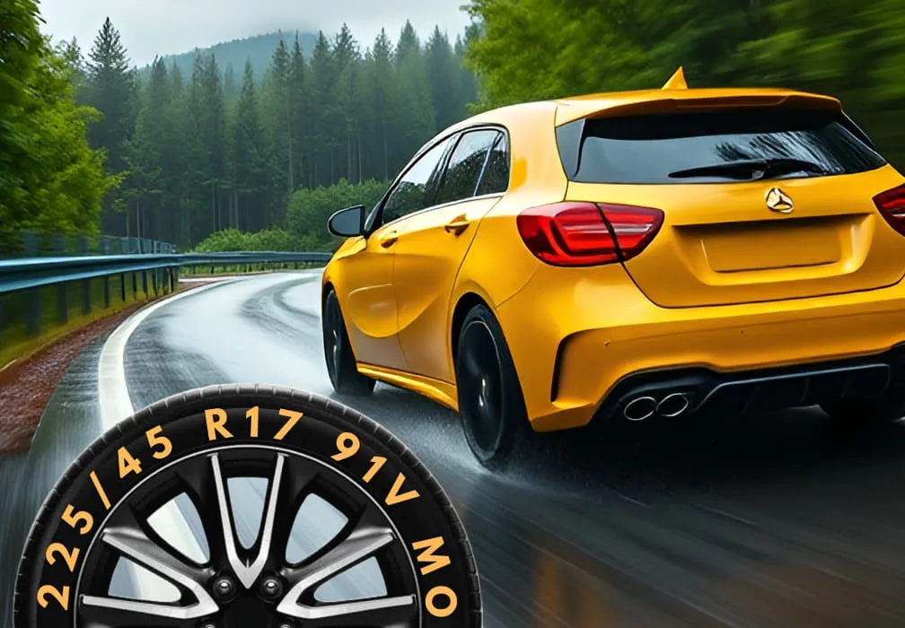 Vista de un neumatico en carretera mojada