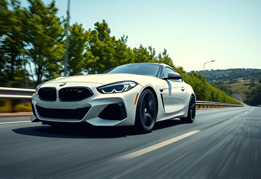 Coche deportivo BMW rodando en carretera. Articulo relacionado - Comparativa de neumáticos Michelin CrossClimate 3 vs Continental AllSeasonContact 2: Comparativa