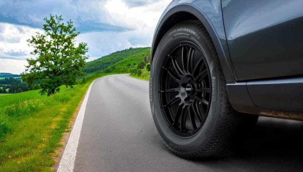 Vista en detalle de un neumático montado en un SUV: Articulo relacionado: Valoración del nuevo neumático Pirelli Scorpion All Season SF3
