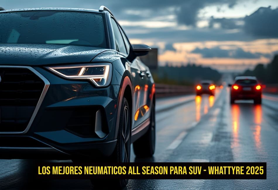 Vista en carretera lluviosa de un coche tipo SUV Audi - Artículo relacionado Los Mejores Neumáticos All Season para SUV en 2025